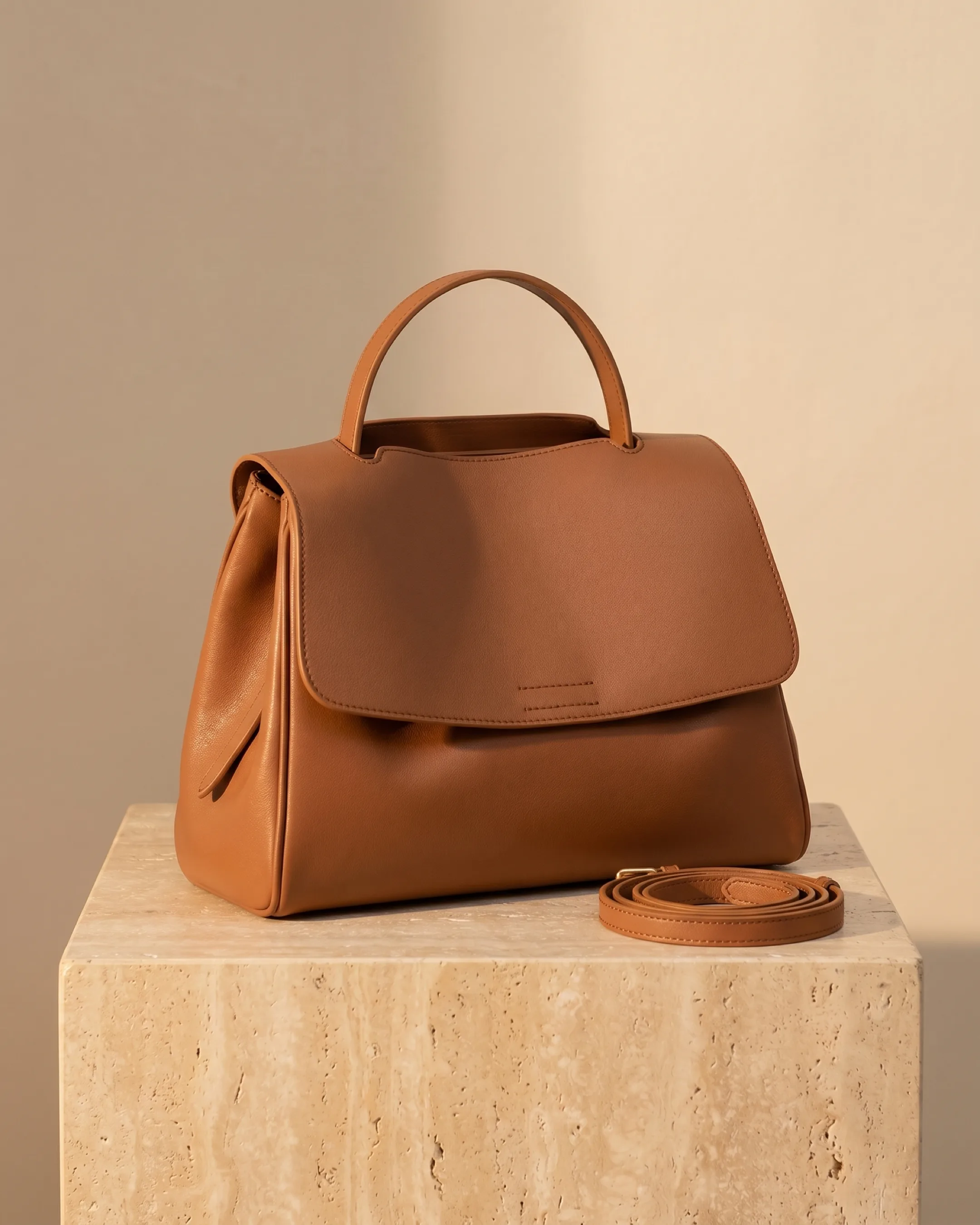 Hugo Caesar Tassi Tiberina structured top-handle leather satchel in Cuoio cognac with a curved fold-over flap and detachable strap, on a warm travertine pedestal