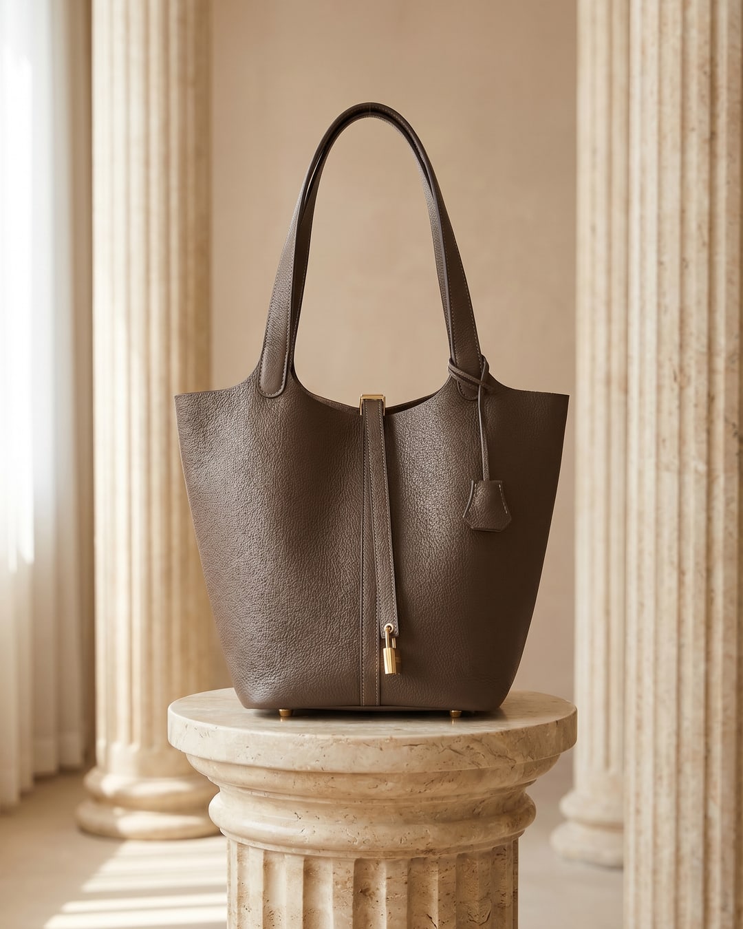 The Hugo Caesar Tassi Tivoli top-grain cowhide basket bag in Cuoio, a clean studio packshot on a Roman travertine pedestal