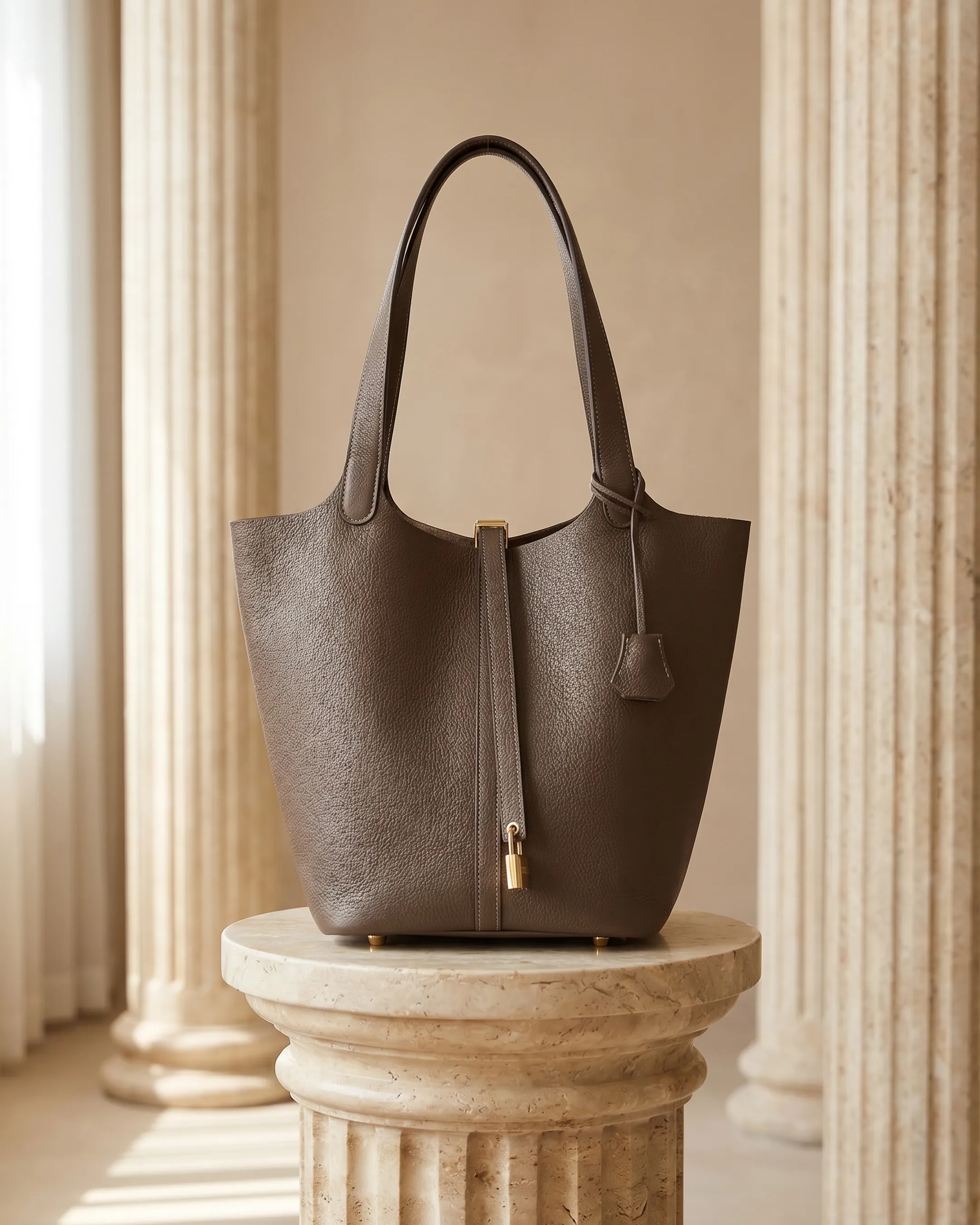 The Hugo Caesar Tassi Tivoli top-grain cowhide basket bag in Cuoio, a clean studio packshot on a Roman travertine pedestal