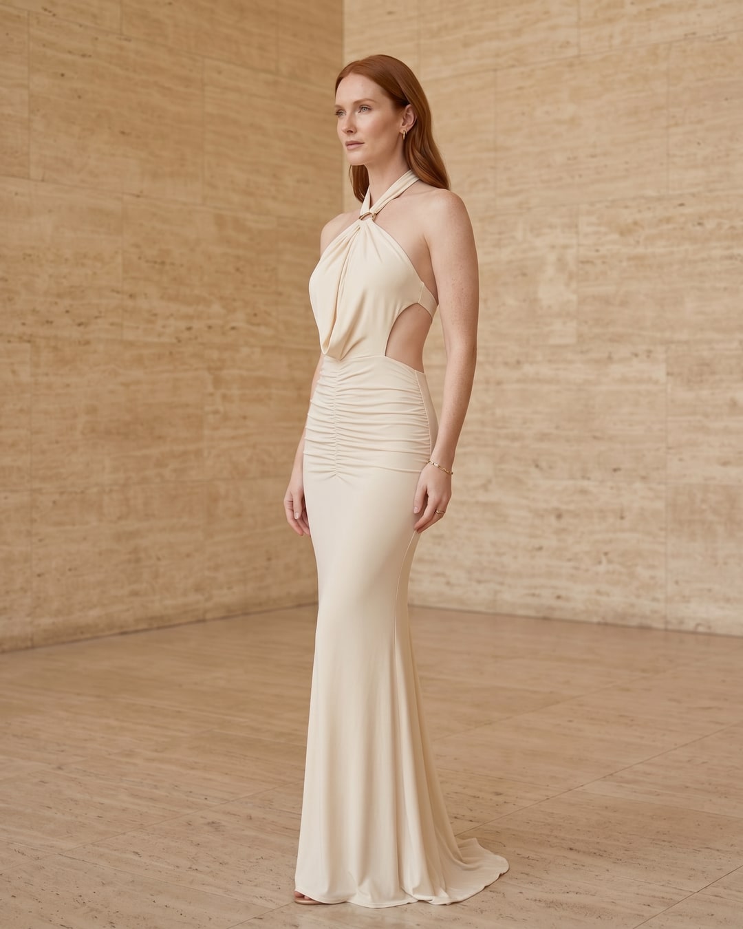 Tullia Pleated Column Evening Gown in Crepe in Avorio — Hugo Caesar Tassi
