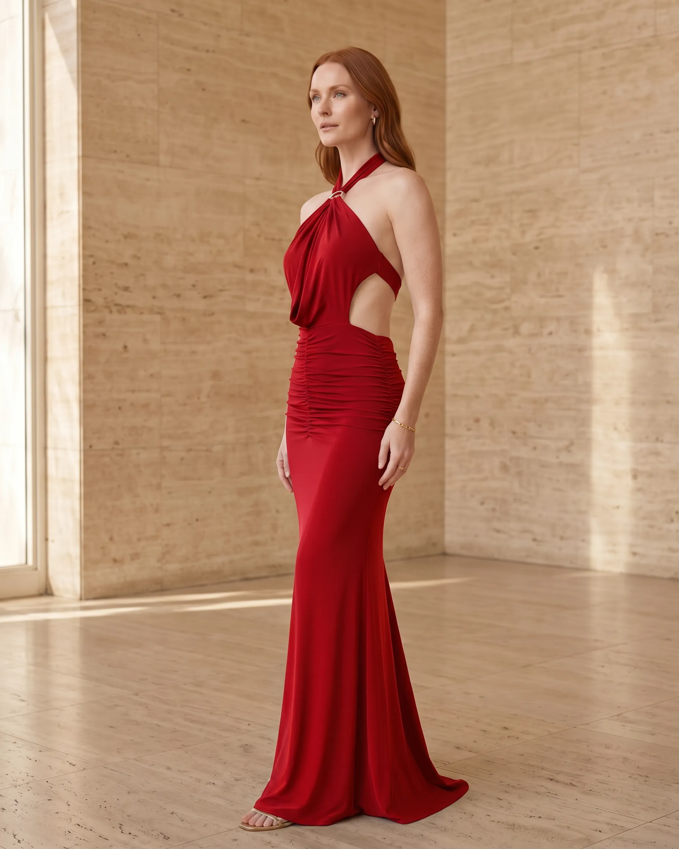 Tullia Pleated Column Evening Gown in Crepe in Vermiglio — Hugo Caesar Tassi