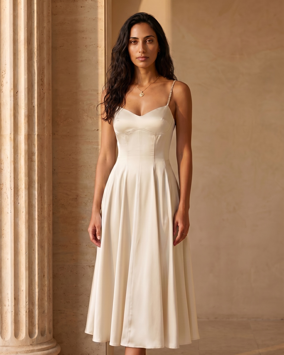Hugo Caesar Tassi Valeria satin slip midi dress in Avorio ivory, full-length front view