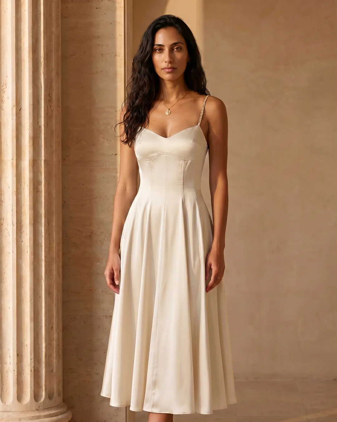 Valeria Crystal-Strap Satin Slip Midi in Avorio — Hugo Caesar Tassi