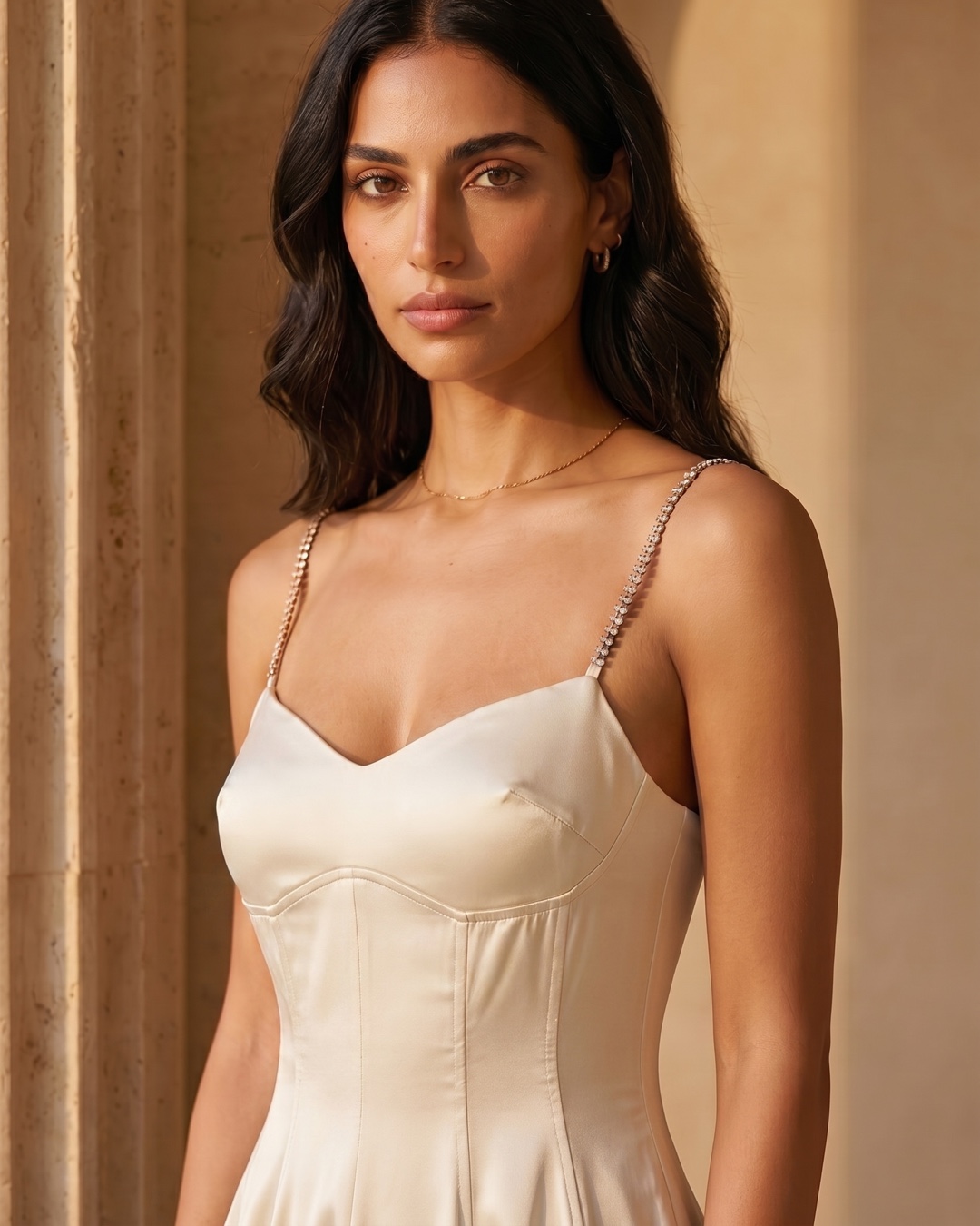 Hugo Caesar Tassi Valeria sweetheart bustier neckline with crystal straps in Avorio ivory satin, close detail