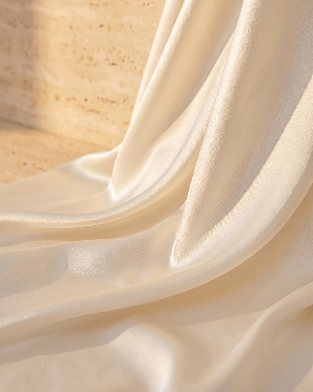 Hugo Caesar Tassi Valeria Avorio ivory satin fabric, macro showing the fluid liquid sheen