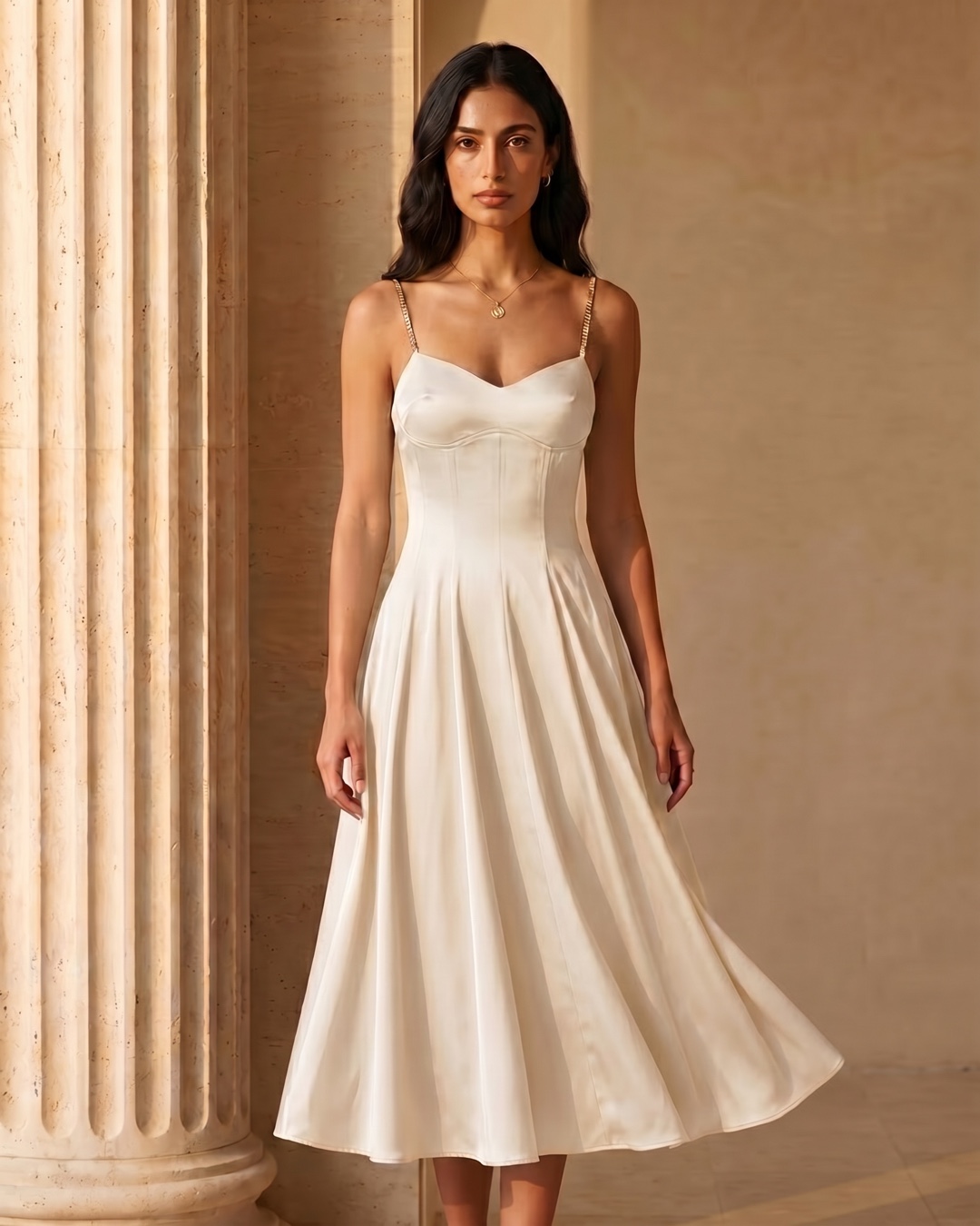 Hugo Caesar Tassi Valeria satin slip dress in Avorio ivory beside a travertine column in golden light