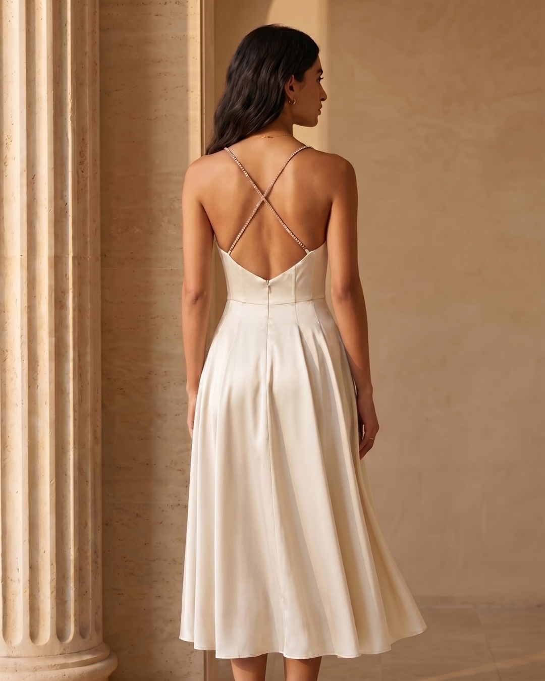 Full-length rear view of the Hugo Caesar Tassi Valeria satin slip dress showing the crossed crystal straps over the open low back and flared skirt