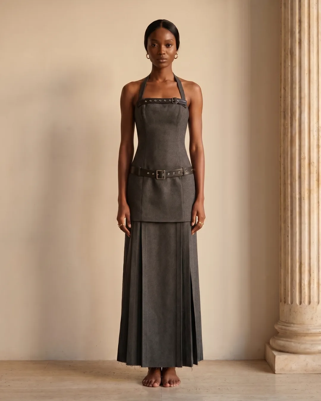 Verania Studded-Belt Halter Pleated Column Dress in Basalt — Hugo Caesar Tassi