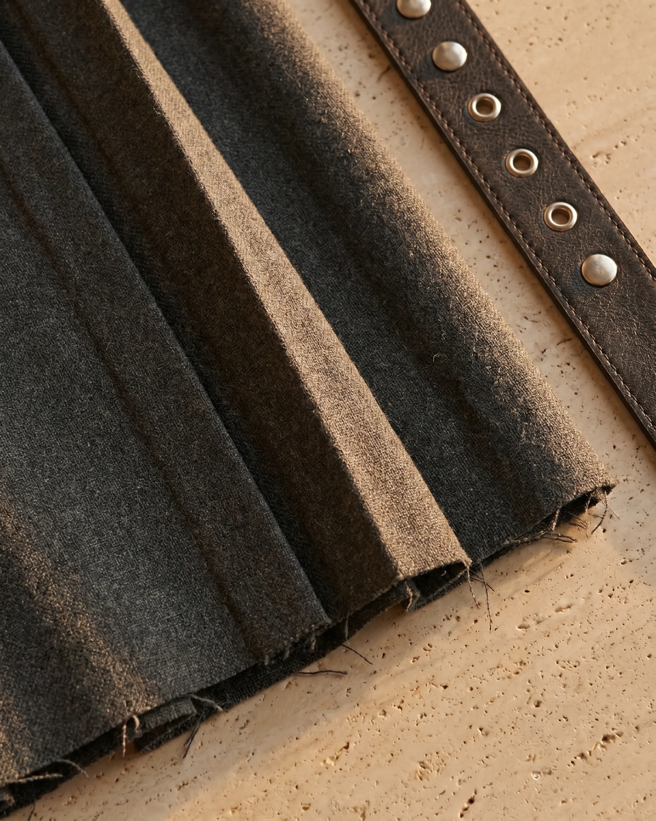 Hugo Caesar Tassi Verania macro of matte charcoal wool-look crepe with sharp knife pleats and studded-leather belt detail