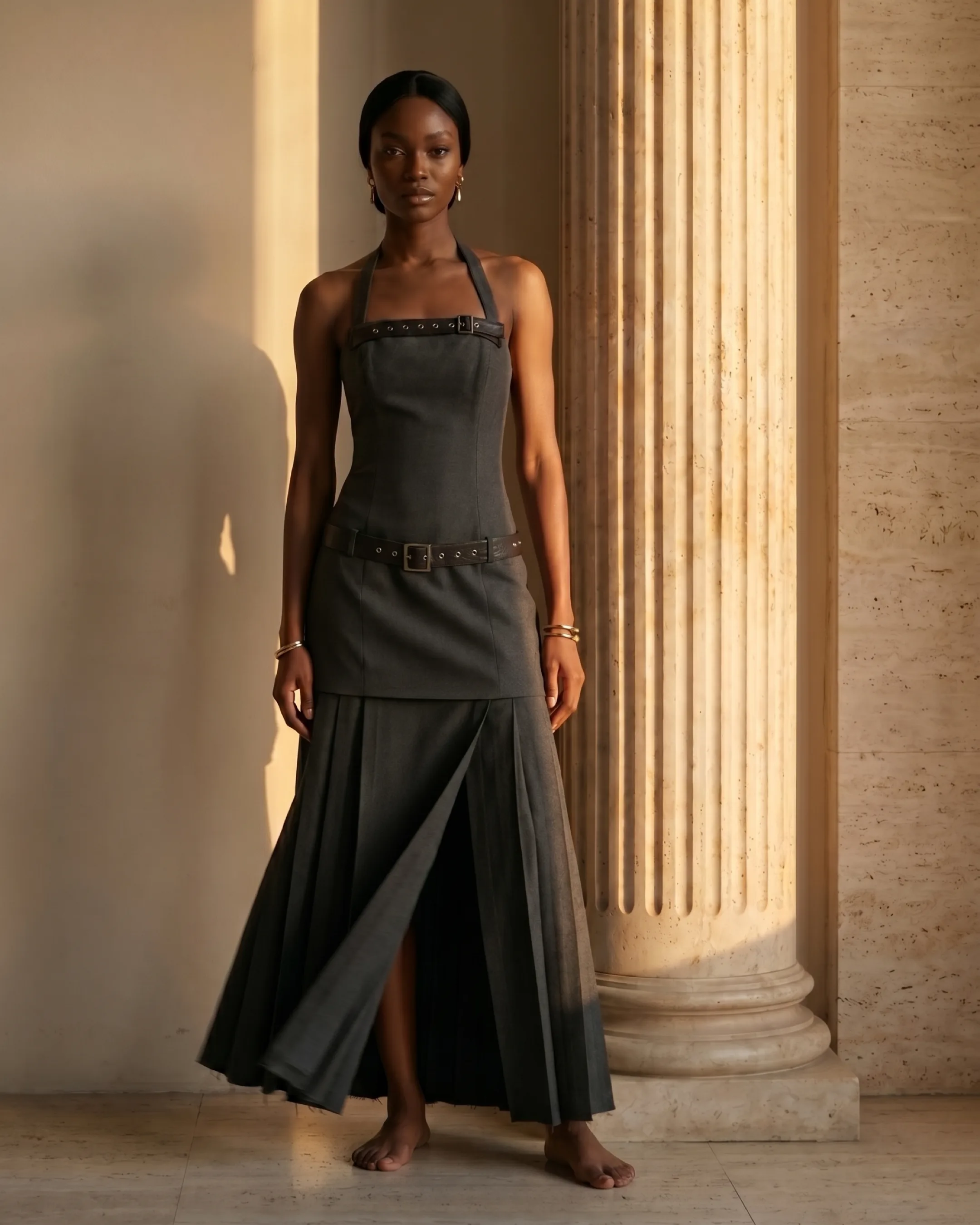 Hugo Caesar Tassi Verania charcoal pleated column dress beside a fluted travertine column in soft golden light