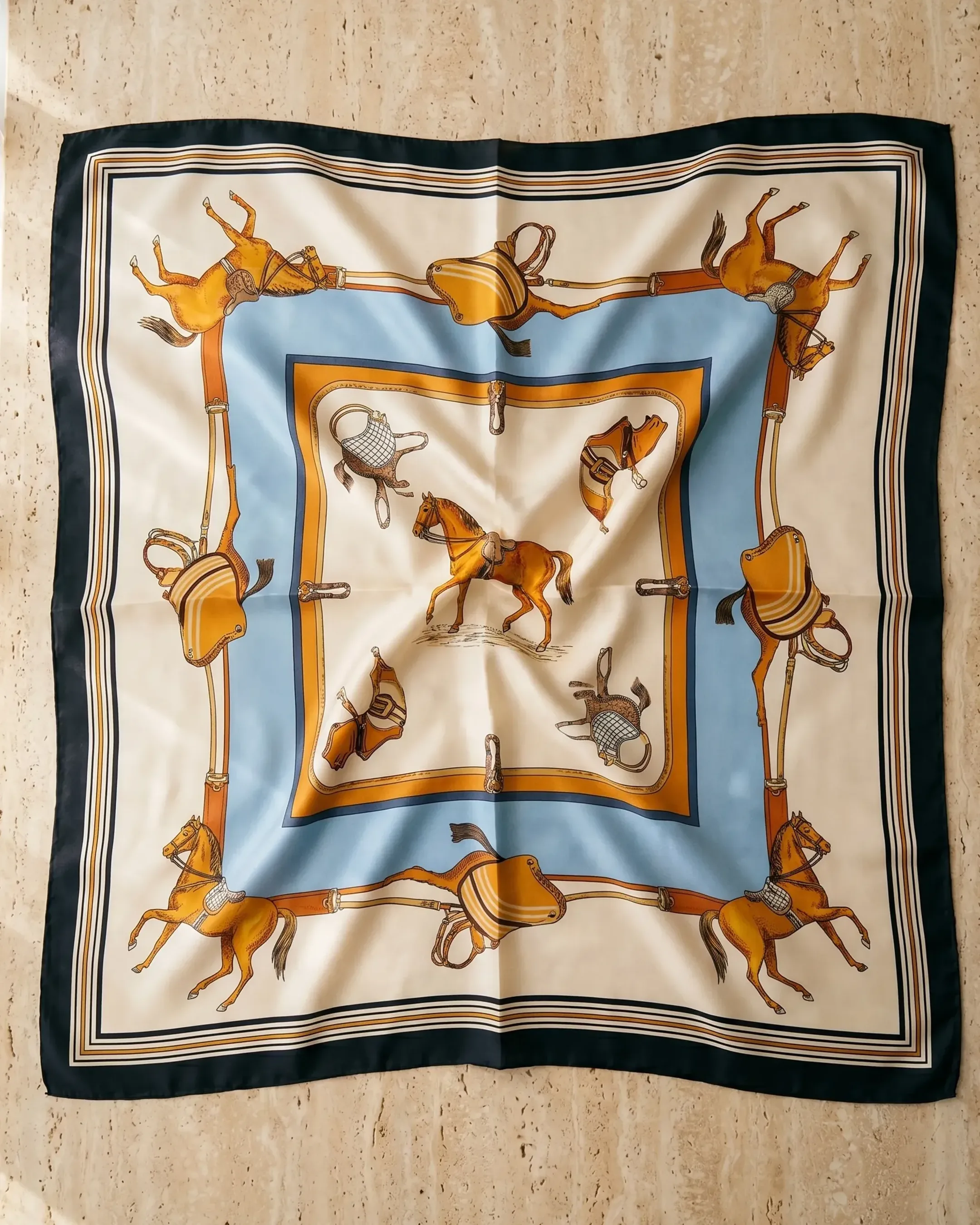 Hugo Caesar Tassi Vesta silk-look square scarf in Avorio shown open as a flat-lay on warm travertine marble, revealing the full equestrian carré print of amber horses and saddlery framed in navy