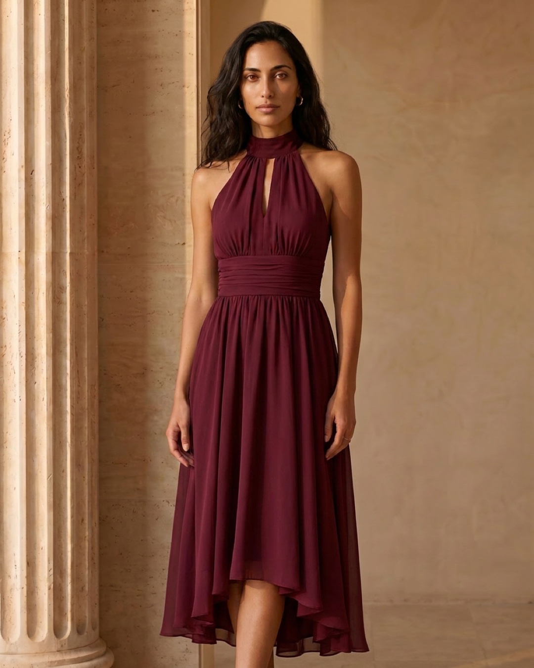 Hugo Caesar Tassi Vibia halter-neck chiffon evening dress in deep wine-red Porpora, worn full-length by a model beside fluted columns in a Roman travertine studio