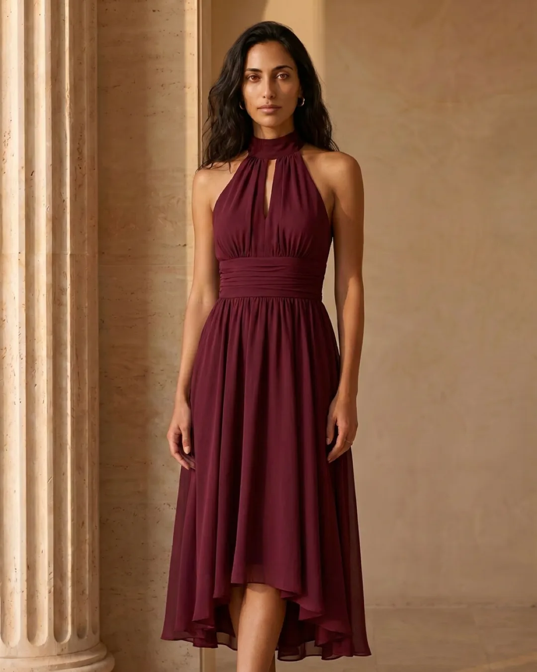 Vibia Halter-Neck Chiffon Evening Dress with High-Low Hem in Porpora — Hugo Caesar Tassi