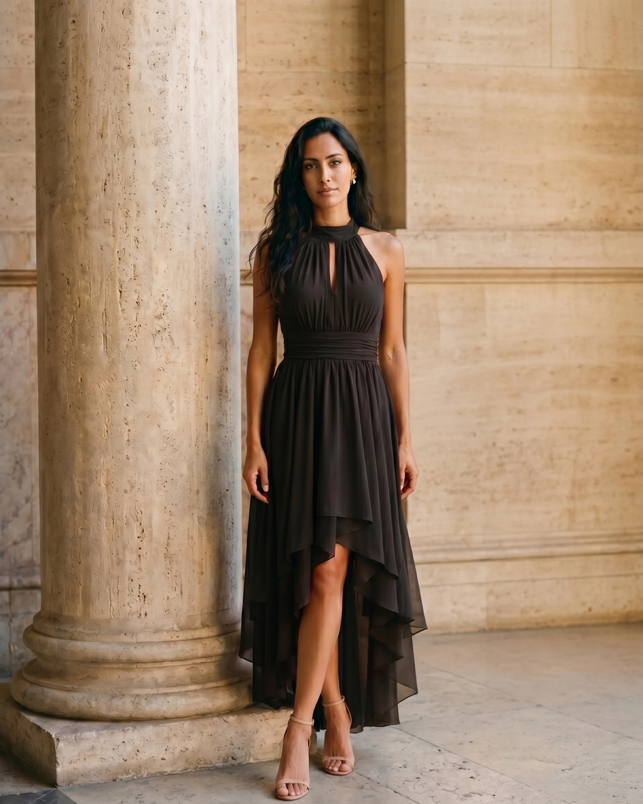 Vibia Halter-Neck Chiffon Evening Dress with High-Low Hem in Basalt — Hugo Caesar Tassi