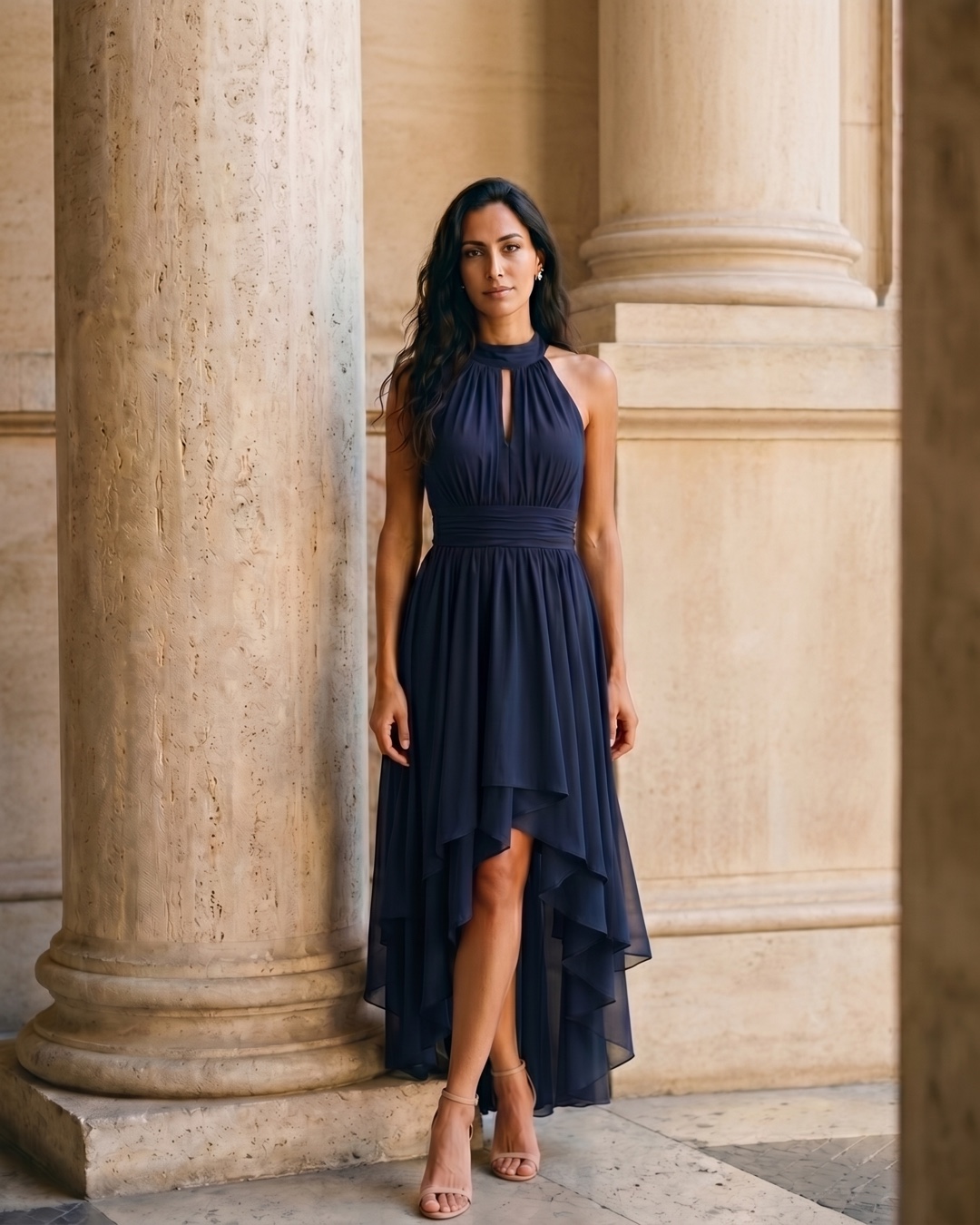 Vibia Halter-Neck Chiffon Evening Dress with High-Low Hem in Cobalto — Hugo Caesar Tassi