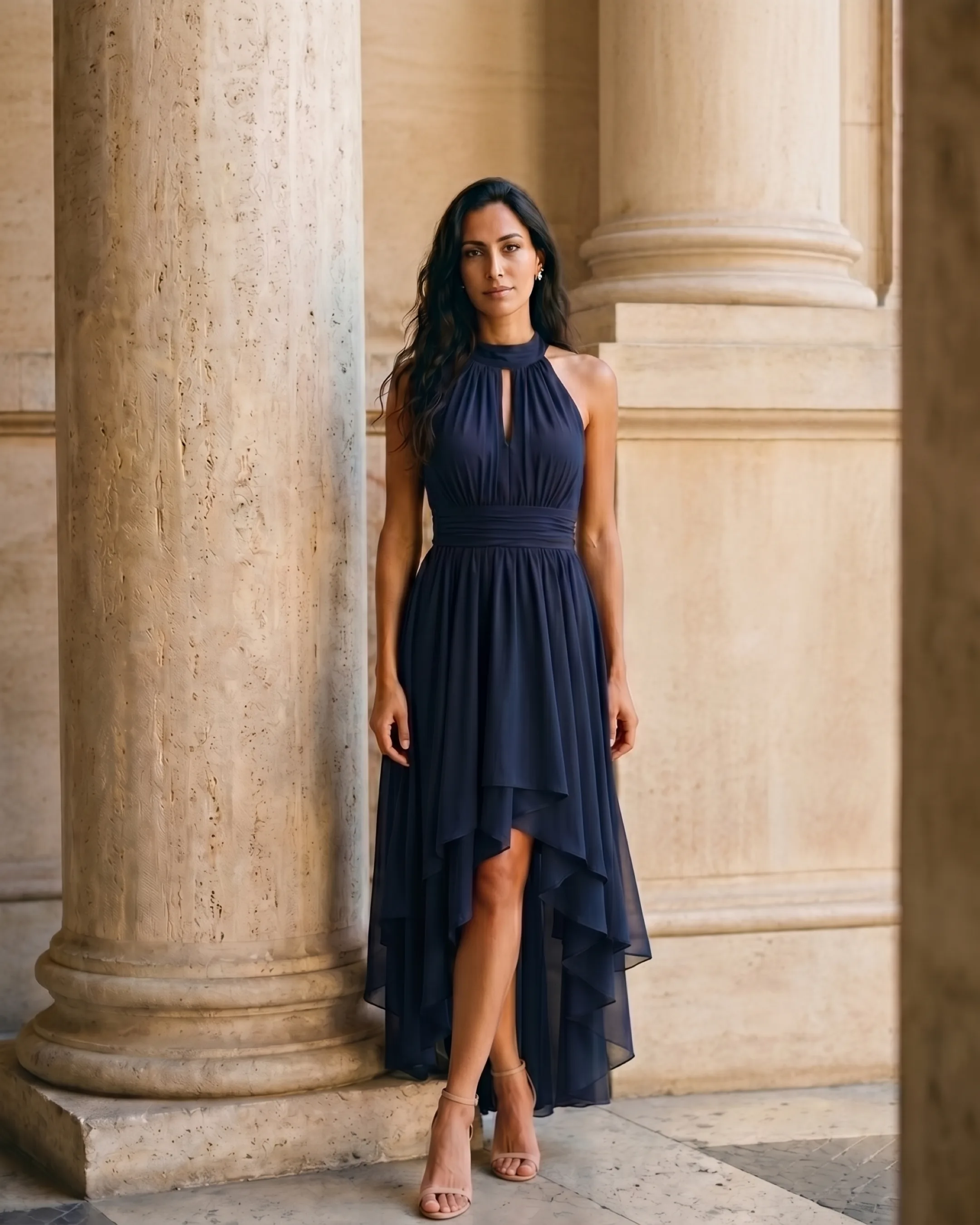 Vibia Halter-Neck Chiffon Evening Dress with High-Low Hem in Cobalto — Hugo Caesar Tassi