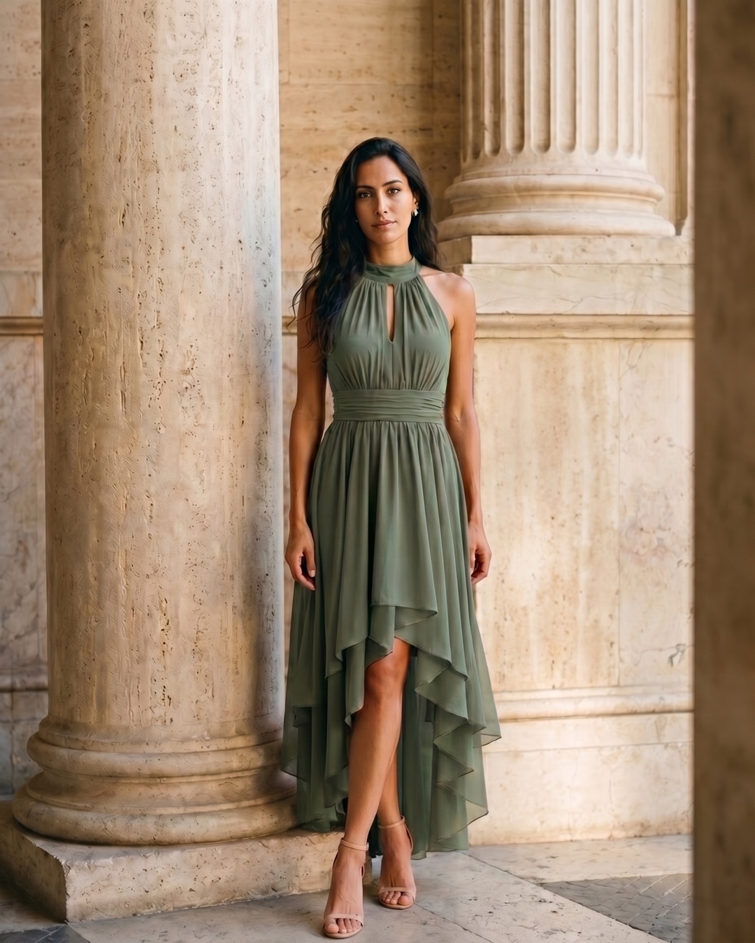 Vibia Halter-Neck Chiffon Evening Dress with High-Low Hem in Verde Antico — Hugo Caesar Tassi