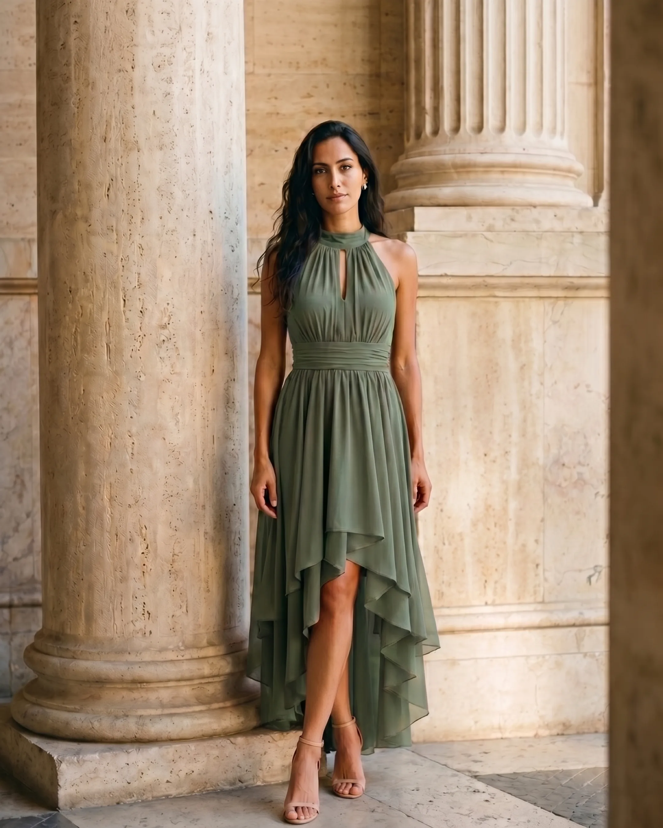 Vibia Halter-Neck Chiffon Evening Dress with High-Low Hem in Verde Antico — Hugo Caesar Tassi