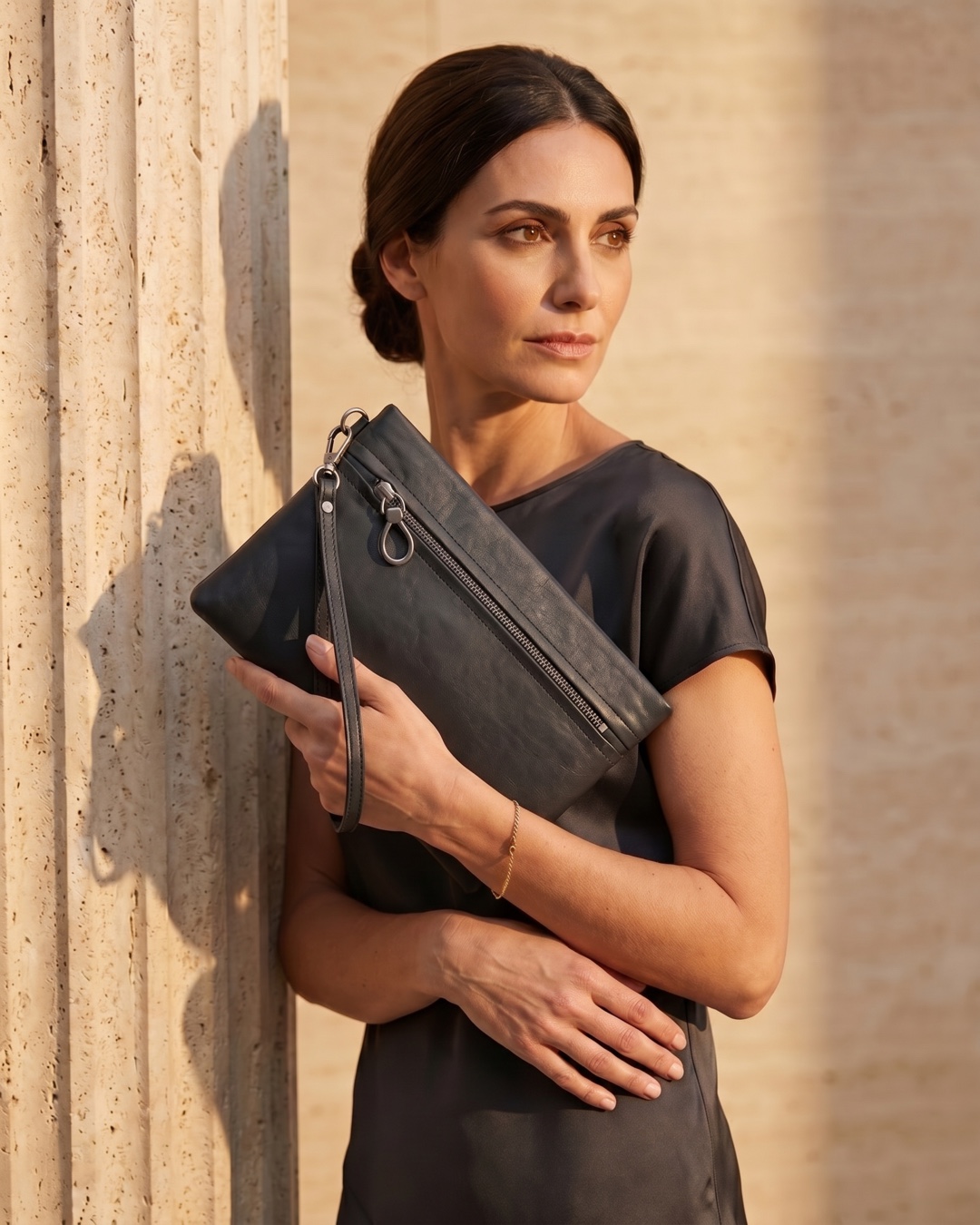 Hugo Caesar Tassi Viminia clutch in Basalt black carried by the wrist strap against a fluted travertine column in soft golden light