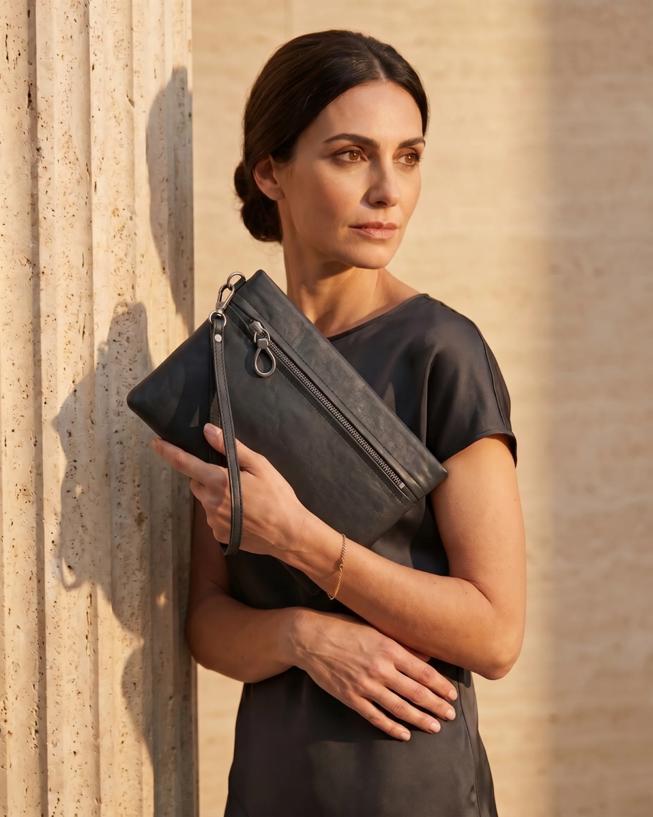 Hugo Caesar Tassi Viminia clutch in Basalt black carried by the wrist strap against a fluted travertine column in soft golden light