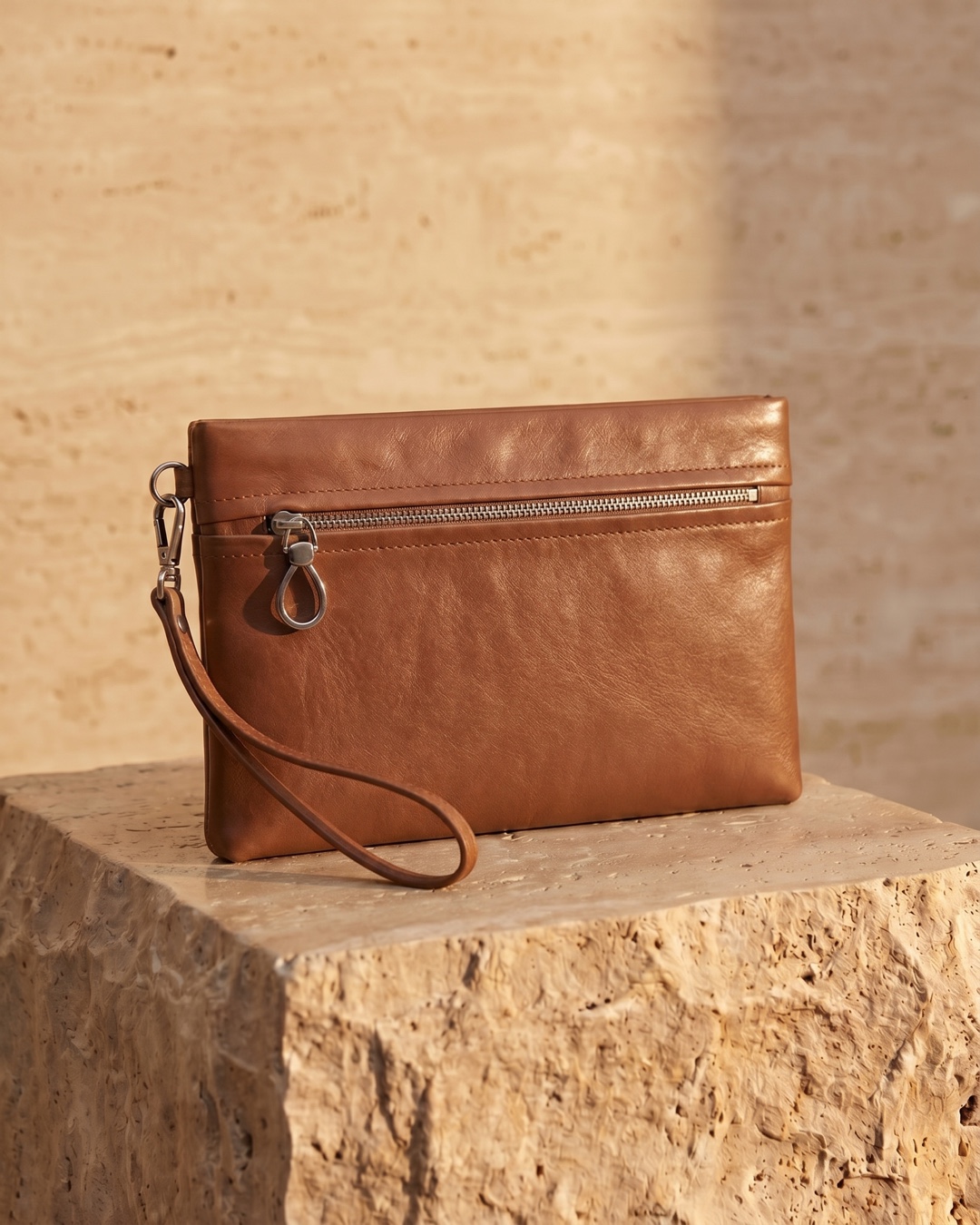Hugo Caesar Tassi Viminia small leather evening clutch in Cuoio coffee-brown, top-zip with silver pull and wrist strap, on a warm travertine pedestal