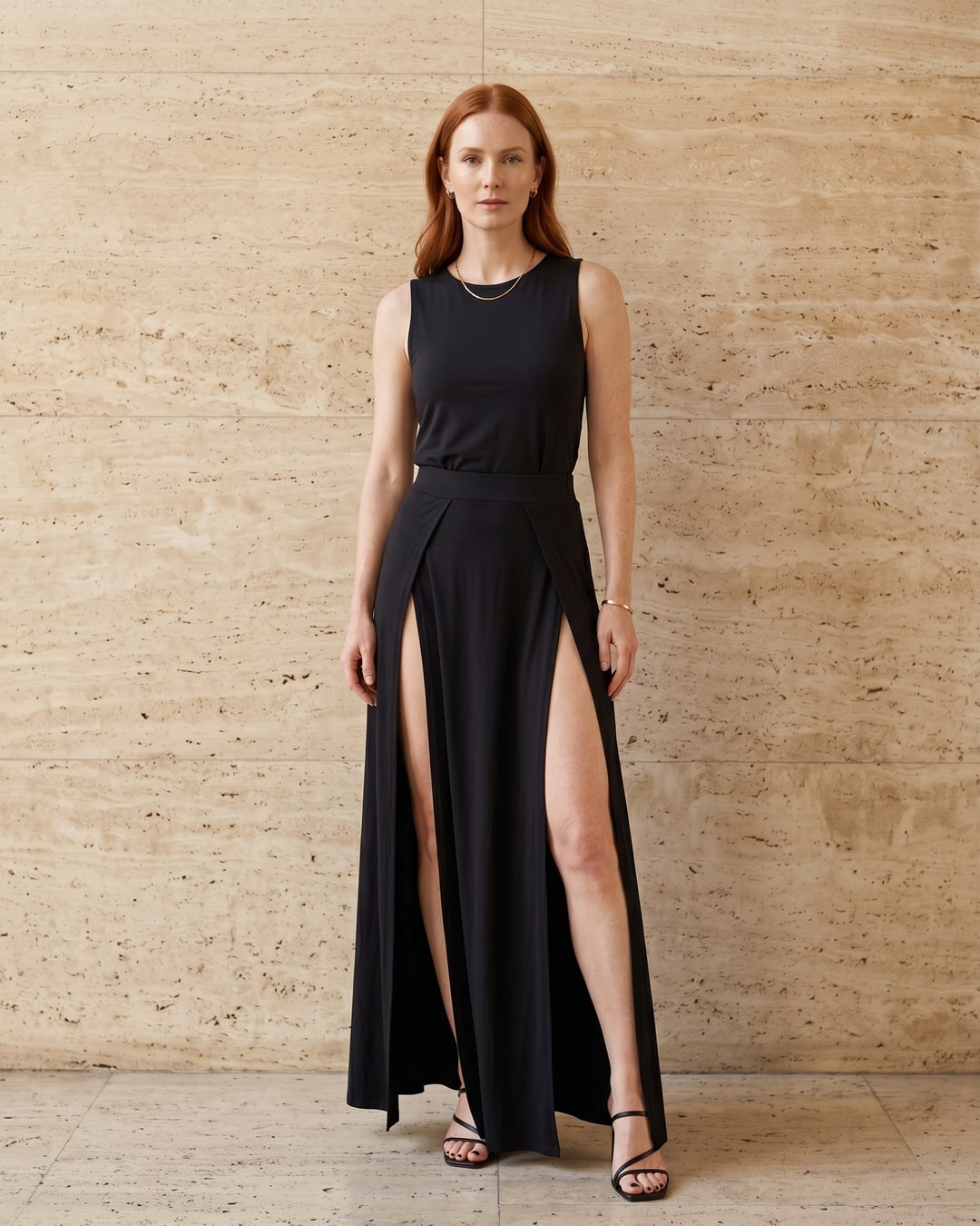 Vipsania draped modal column evening gown in Basalt black — full front on model, high gathered waist and double thigh-high slit, in a sunlit Roman travertine studio, Hugo Caesar Tassi