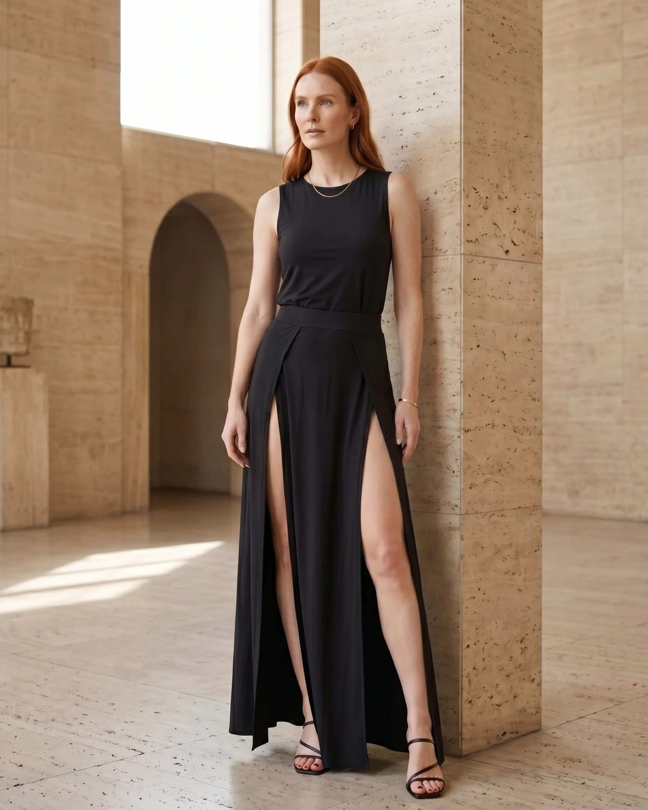 Vipsania draped modal column gown — editorial full-length among Roman travertine columns