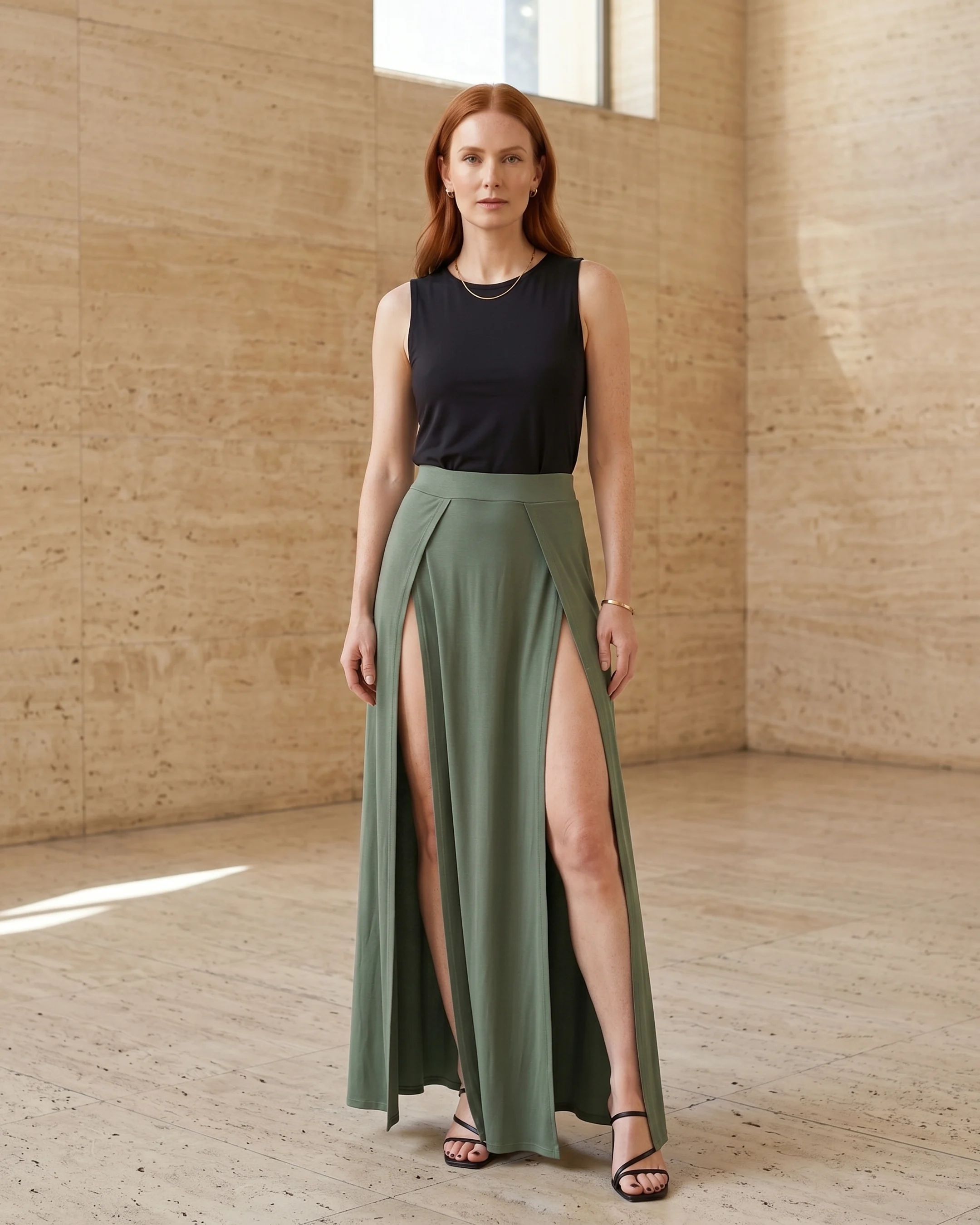 Vipsania Double-Slit Draped Modal Maxi Skirt in Verde Antico — Hugo Caesar Tassi