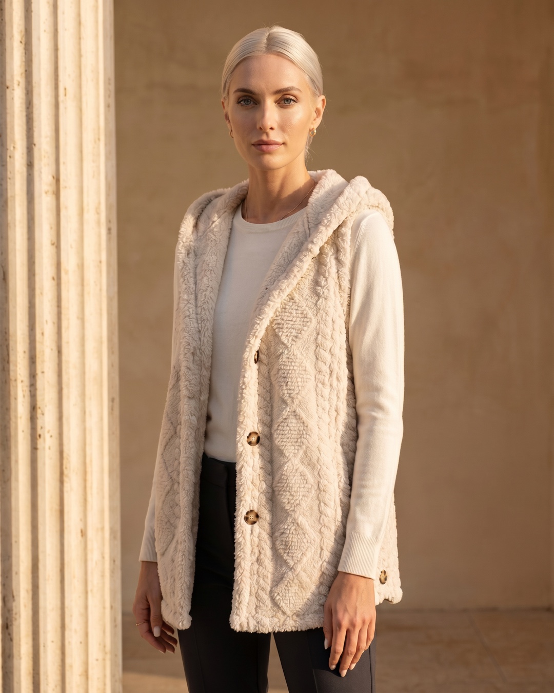 Hugo Caesar Tassi Vitellia hooded textured-knit gilet in travertine, worn open over an ivory knit