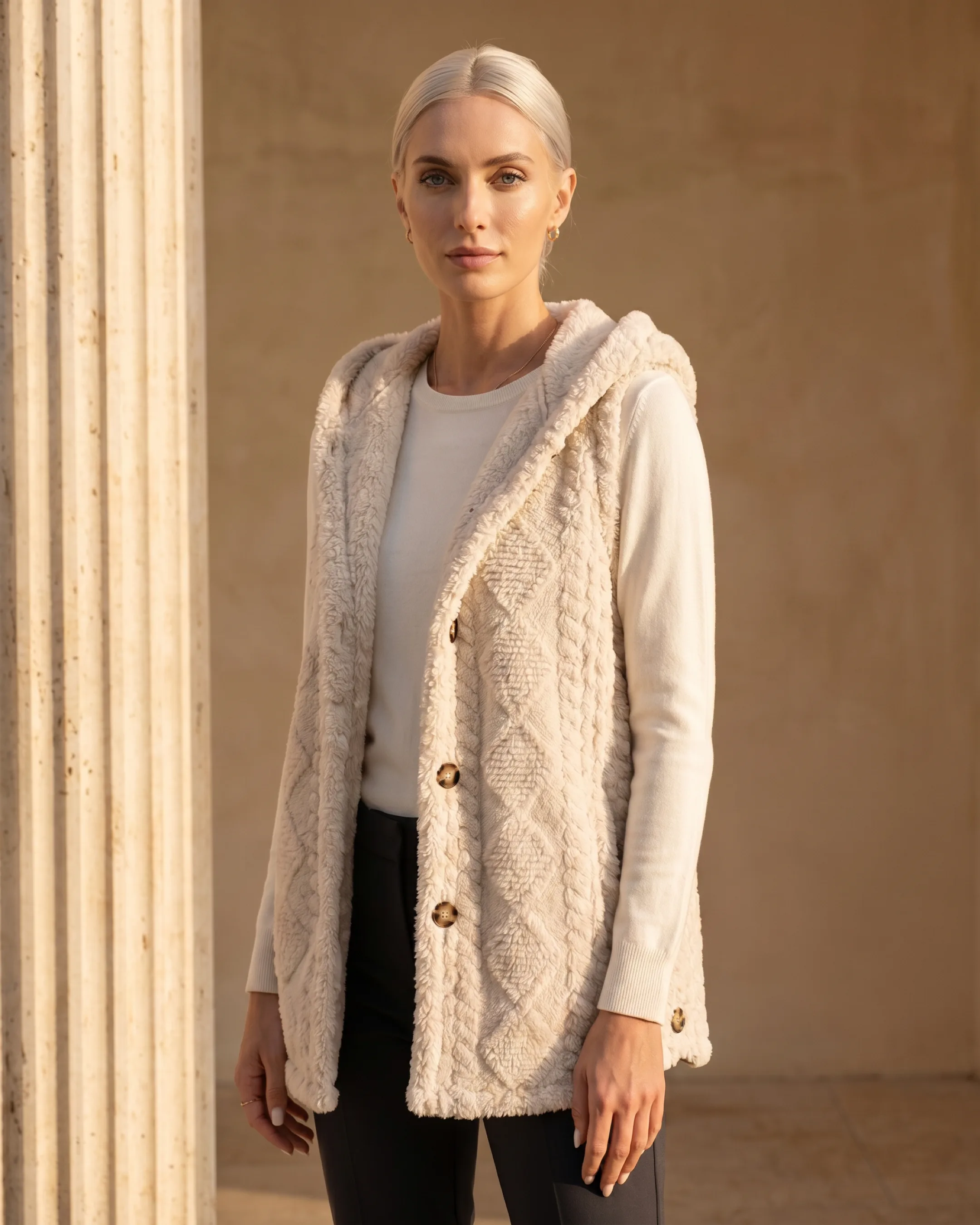 Hugo Caesar Tassi Vitellia hooded textured-knit gilet in travertine, worn open over an ivory knit