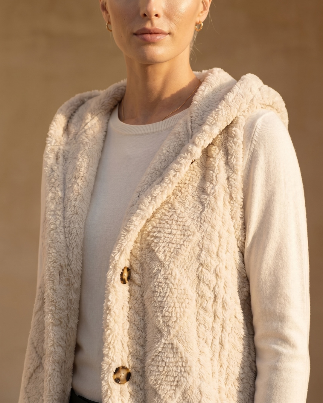 Hugo Caesar Tassi Vitellia hood and tortoiseshell button placket close detail