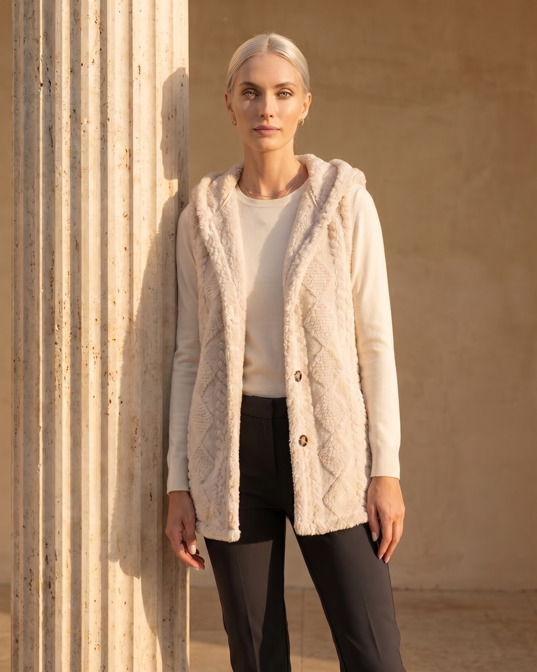 Hugo Caesar Tassi Vitellia gilet editorial beside a fluted travertine column