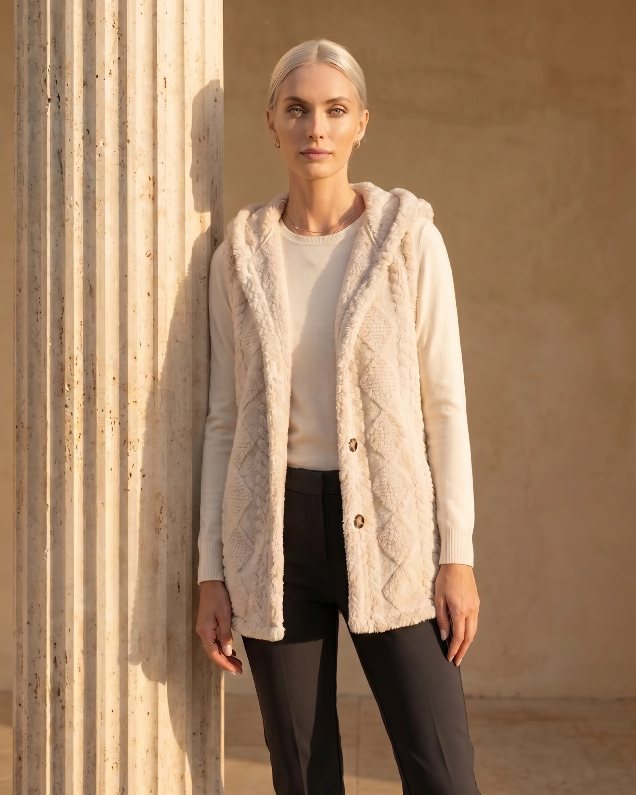 Hugo Caesar Tassi Vitellia gilet editorial beside a fluted travertine column