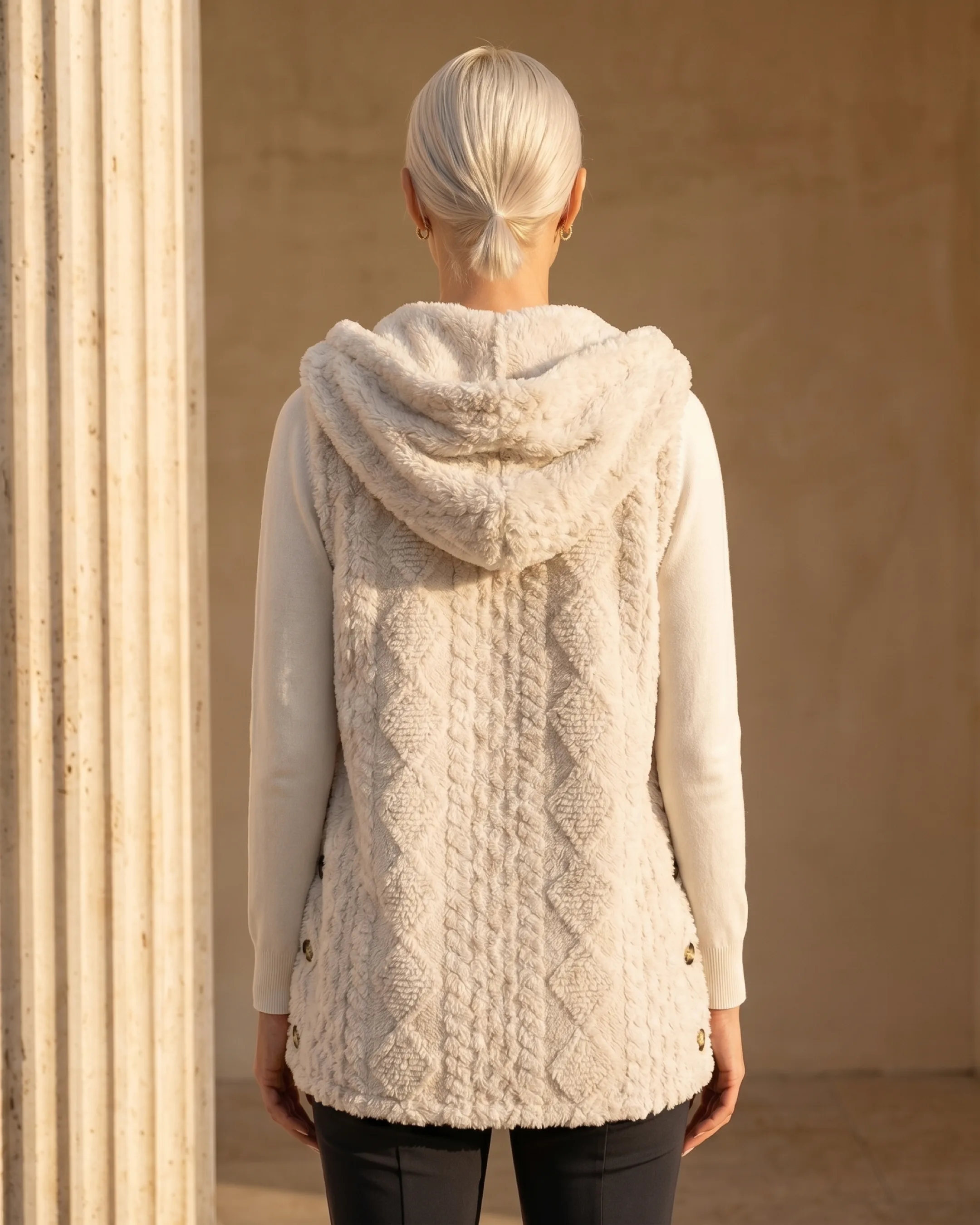 Hugo Caesar Tassi Vitellia full-length rear view showing the hood and diamond-knit back panel